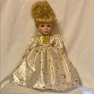 Vintage Elegant Gold and White Moon and Stars Porcelain 16” Doll
